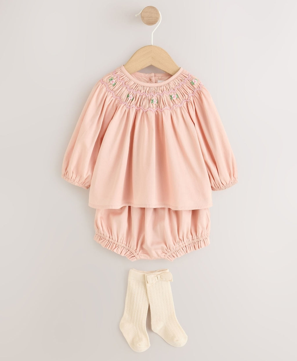 Pink Smock Woven Top, Shorts and Socks Baby Set 2 Piece
