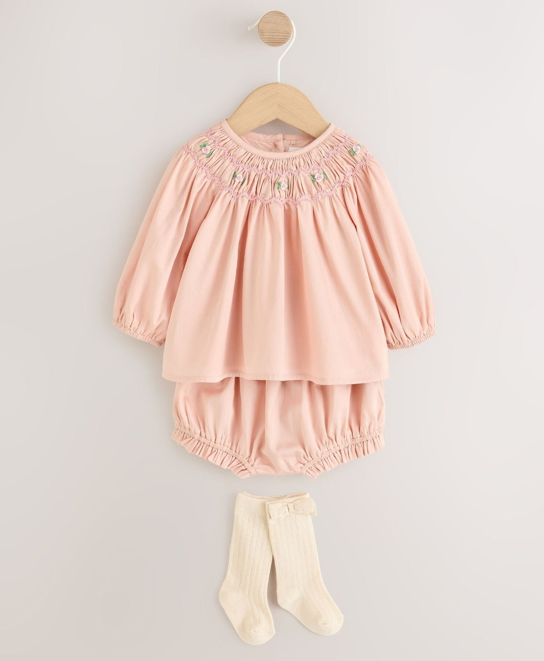 Pink Smock Woven Top, Shorts and Socks Baby Set 2 Piece