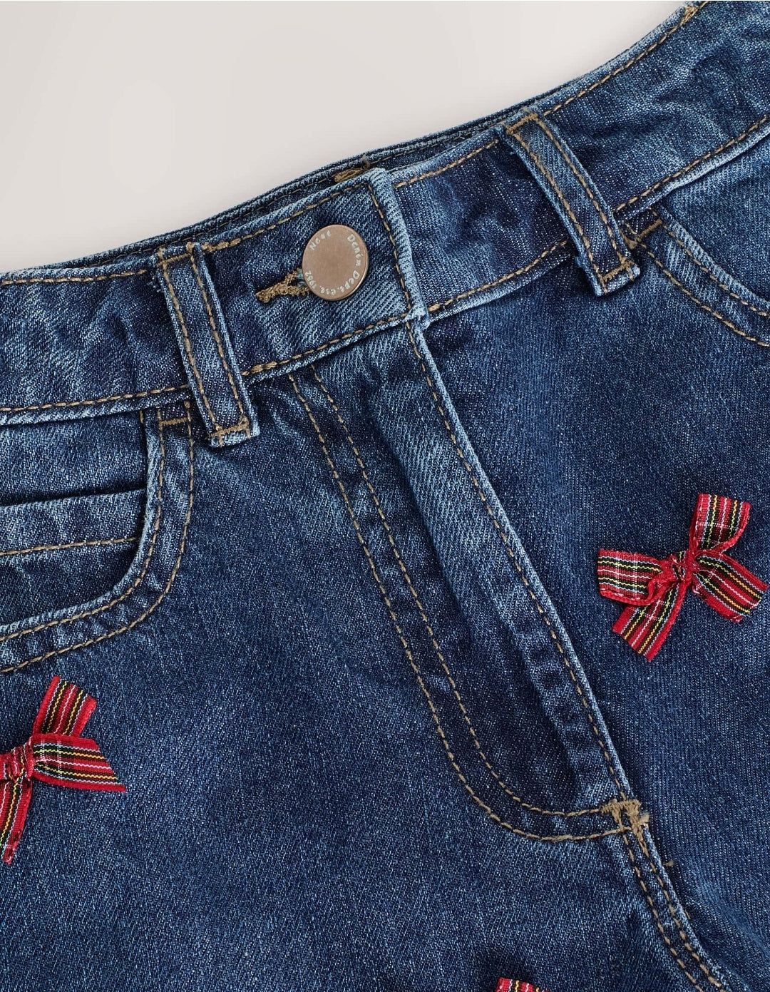 Denim/ Red Tartan Bows Mom Jeans