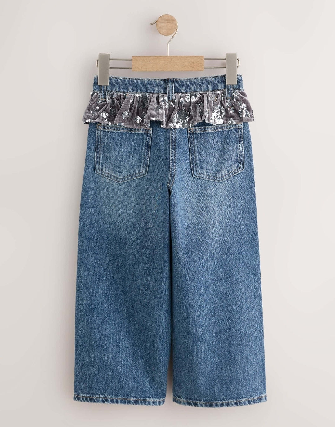 Blue Denim Sequin Peplum Wide Leg Jeans