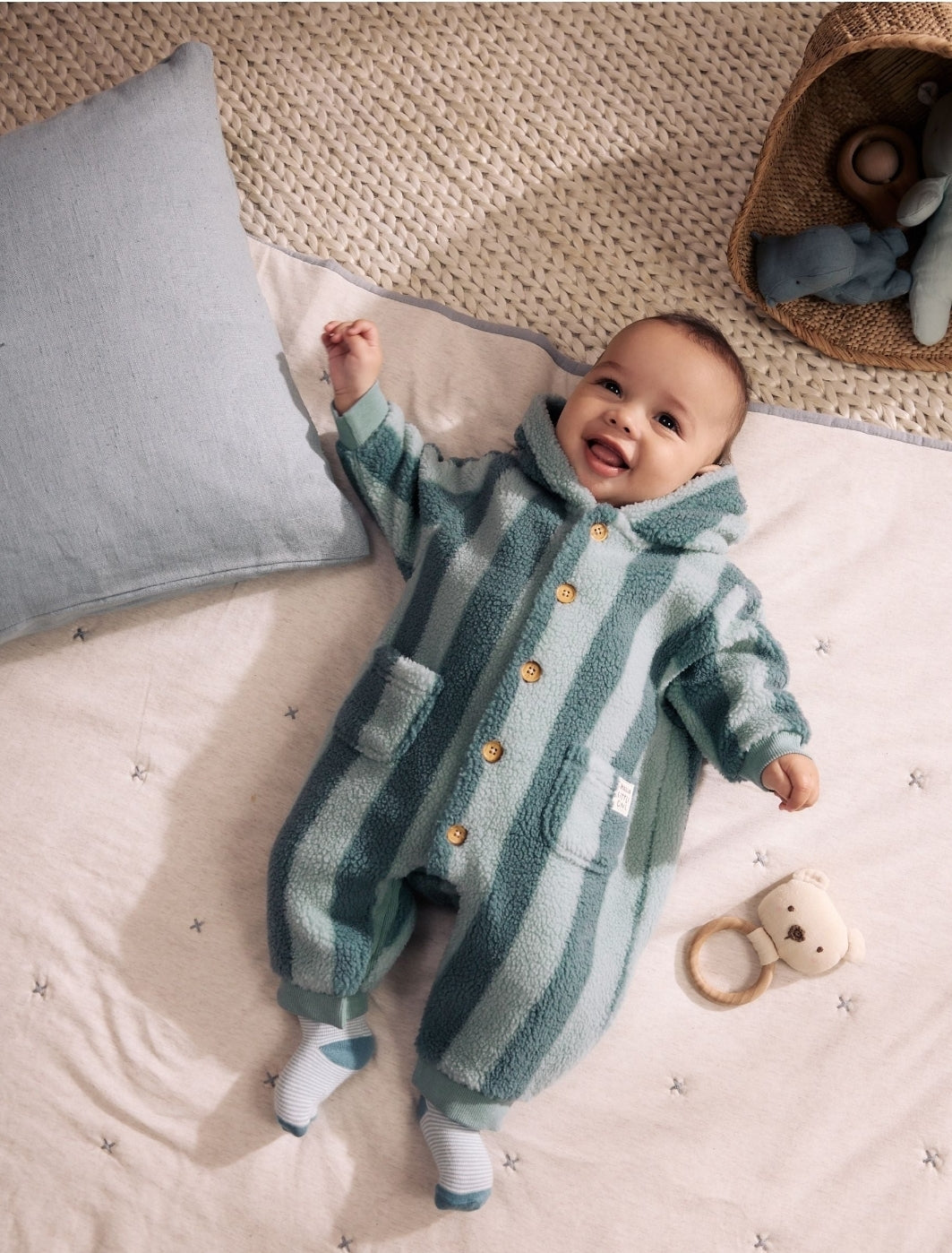 Blue Stripe Borg Button Hooded
Baby Pramsuit