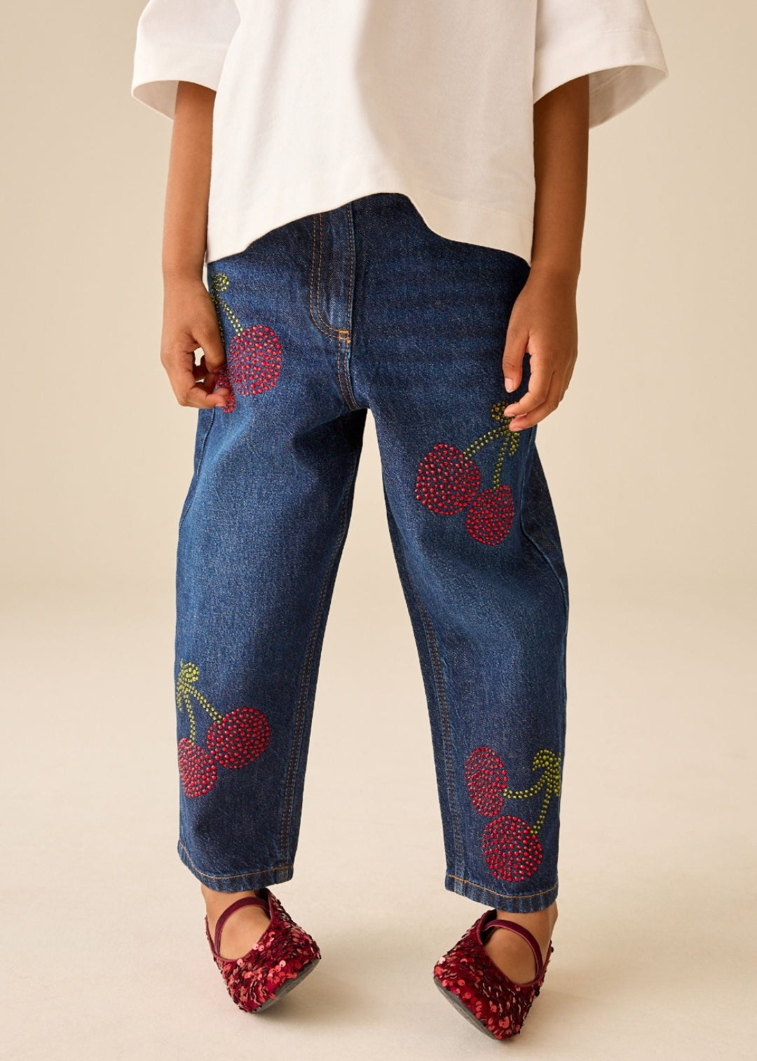 Dark Wash Diamante Cherries Barrel Jeans