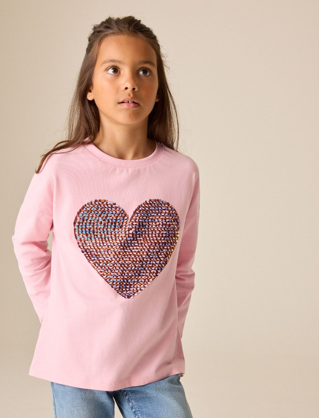 Pink Long Sleeve Sequin Heart Top