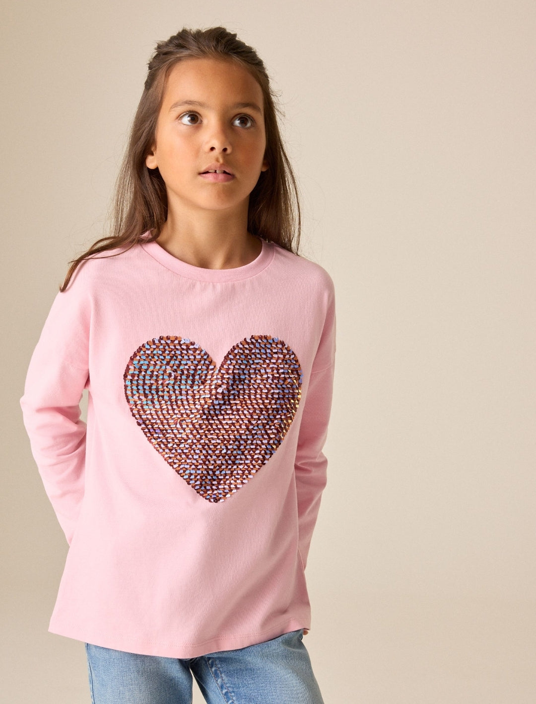 Pink Long Sleeve Sequin Heart Top