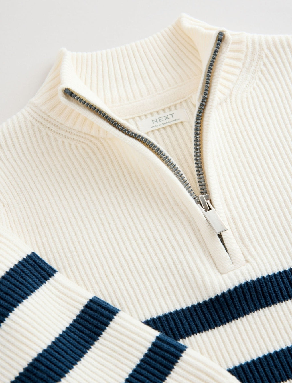 Ecru/Navy Stripe Knitted Quarter
Zip Jumper