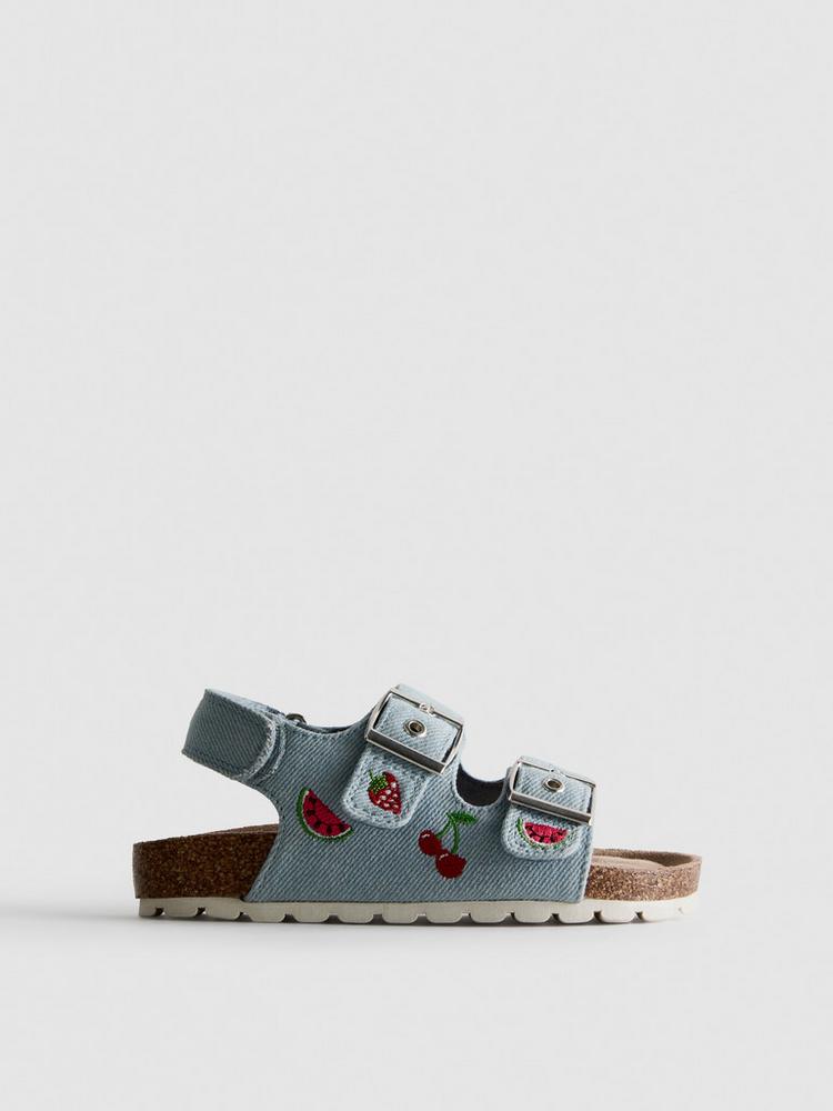 Embroidered Double Buckle Strap Denim Sandals