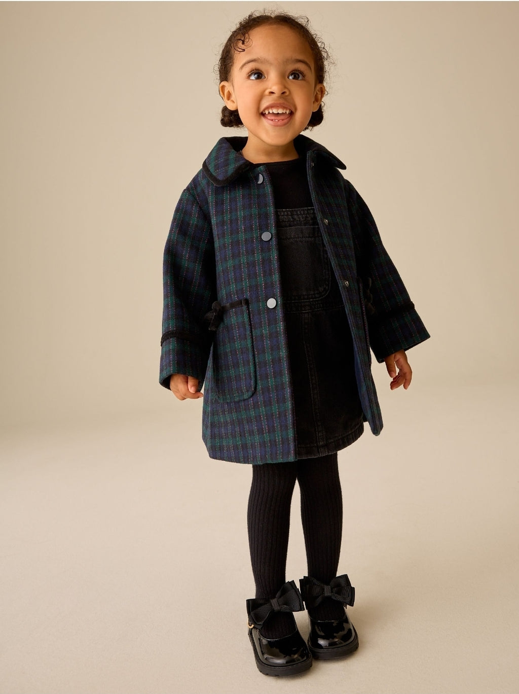 Navy Check Wool Blend Coat with Bow Details