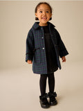 Navy Check Wool Blend Coat with Bow Details