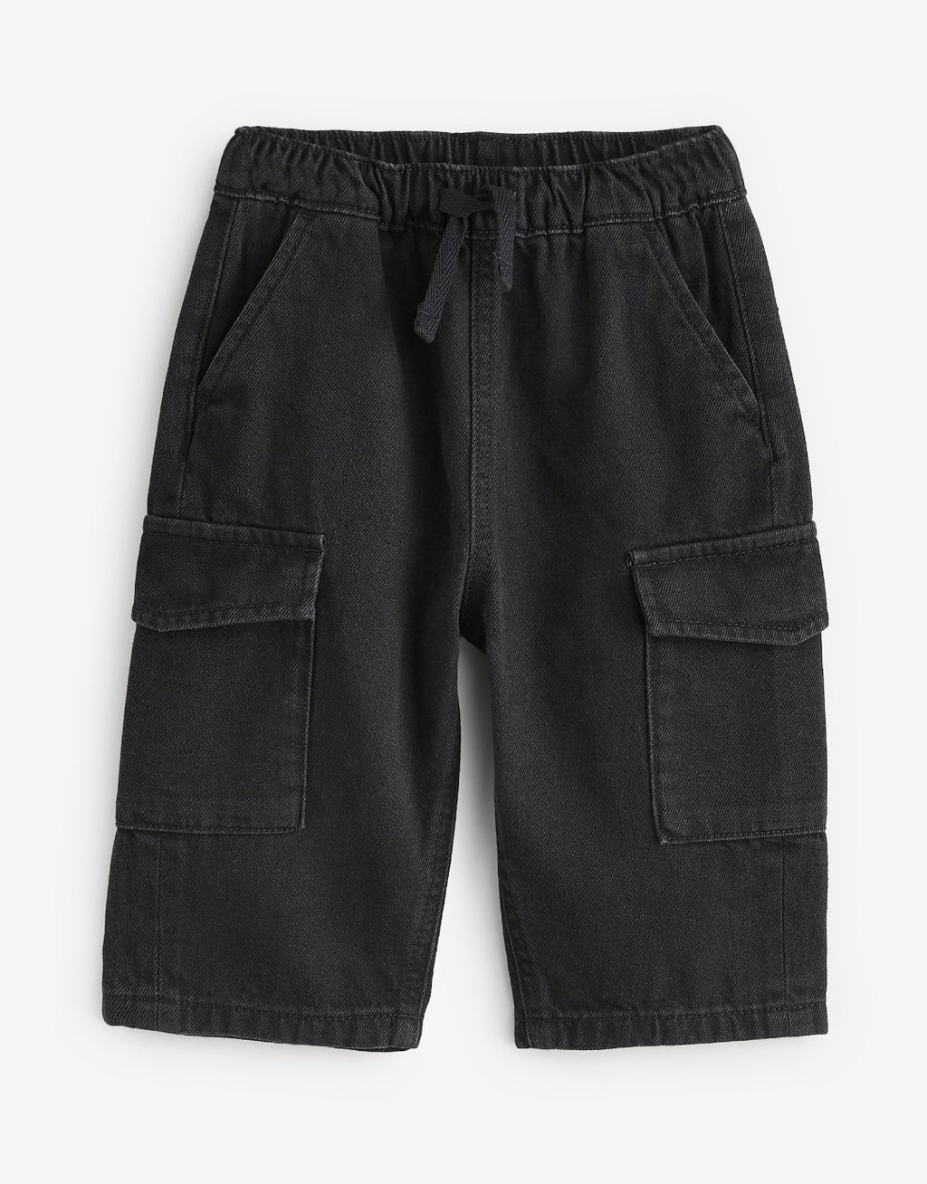 Black Denim Wide Leg Pull On Cargo 100% Cotton Jeans
