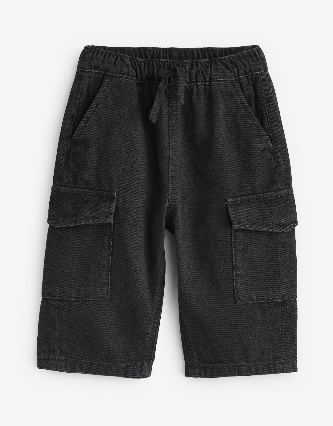 Black Denim Wide Leg Pull On Cargo 100% Cotton Jeans