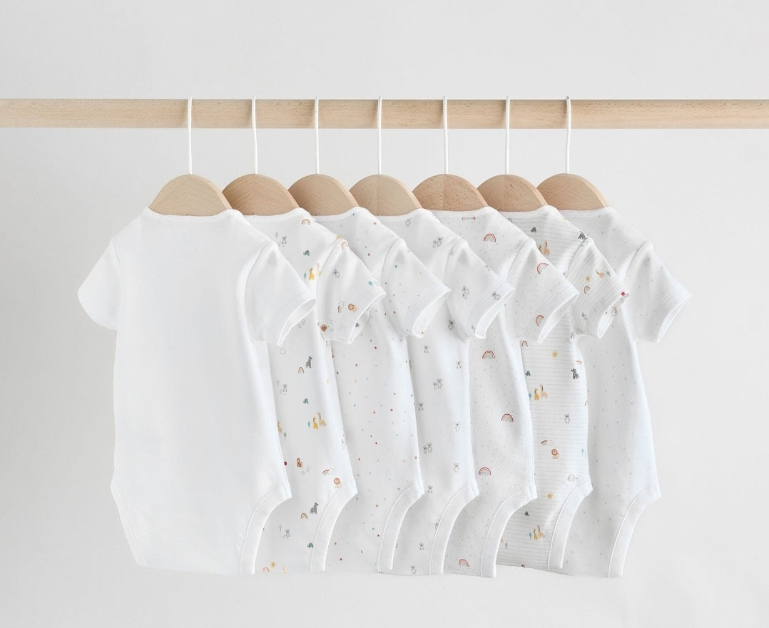 White Character 7 Pack Baby Short Sleeve Bodysuits