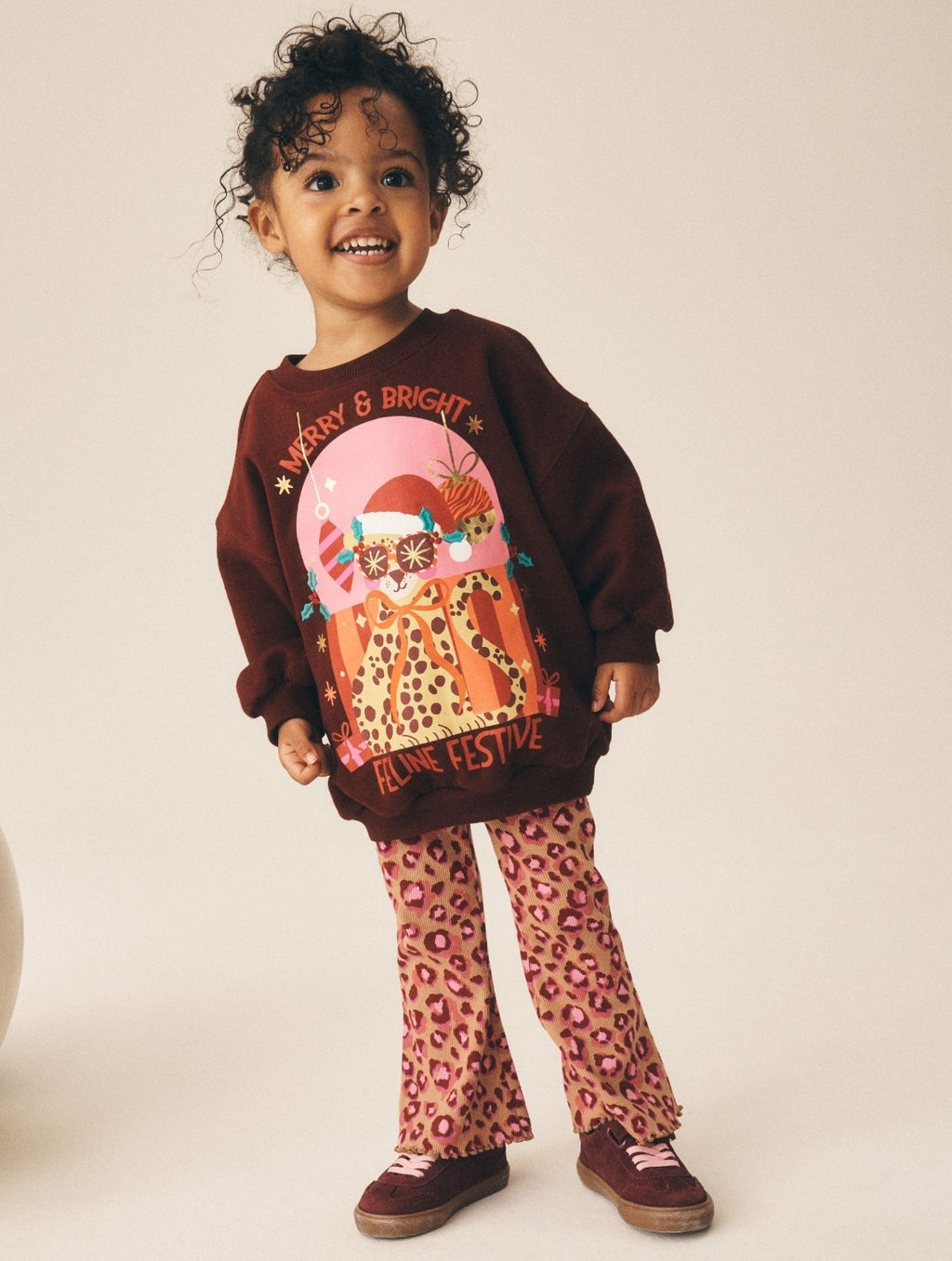 Pink Christmas Leopard Sweatshirt and Flare Leggings Set