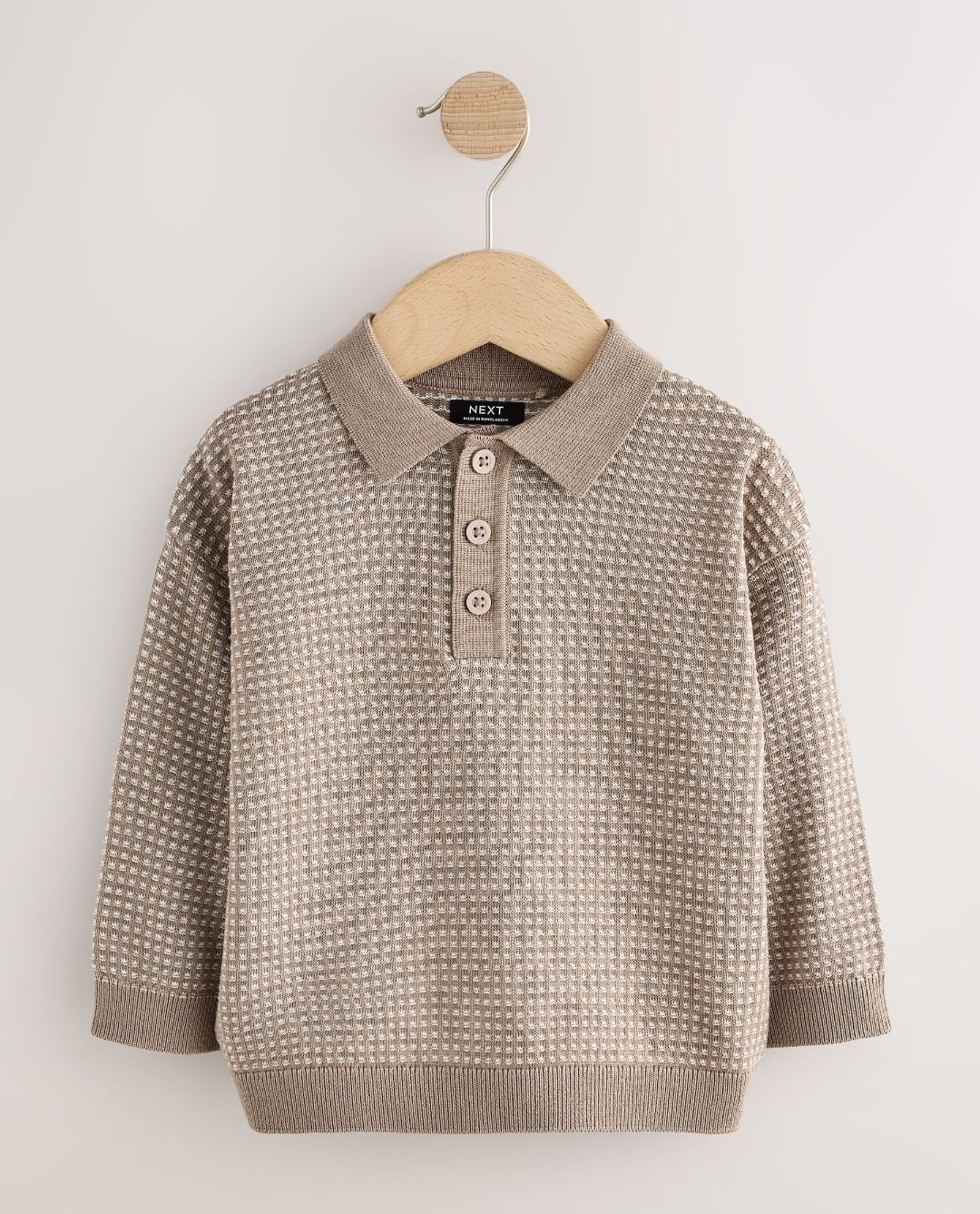 Neutral Textured Knitted Popper Neck Polo Shirt