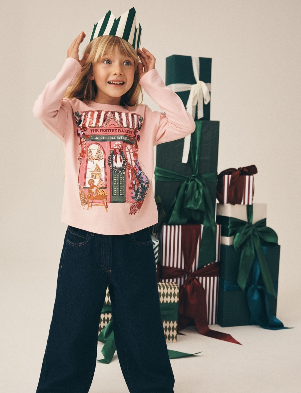 Pink Christmas House Sequin Long Sleeve Top