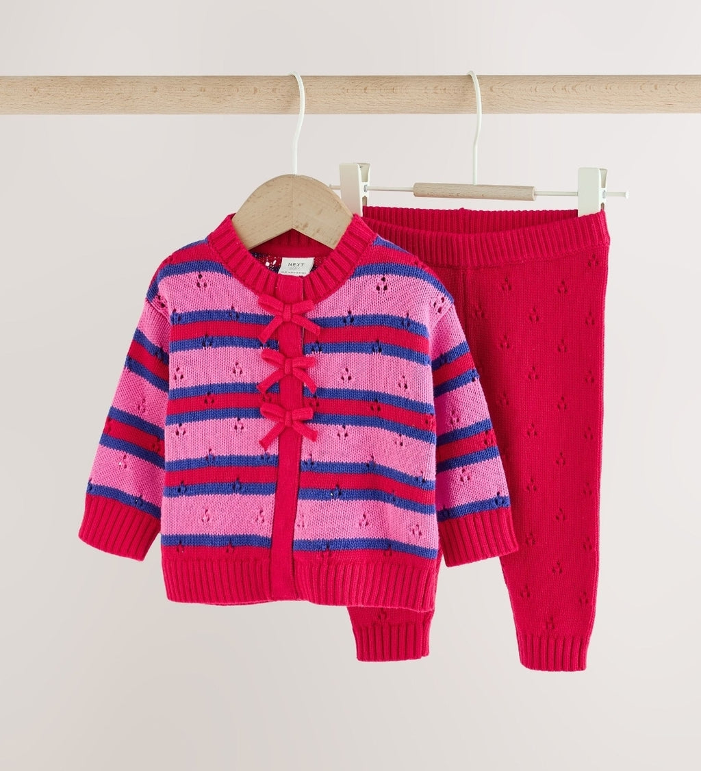 Red Stripe Knitted Bow Cardigan and Leggings Baby 2 Piece Set