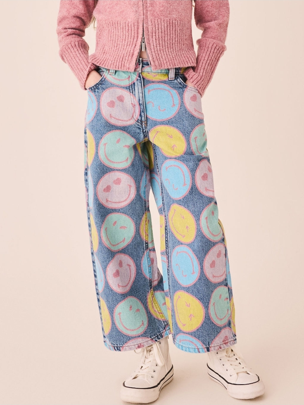 Mid Blue Smiley World® Print WideLeg Jeans