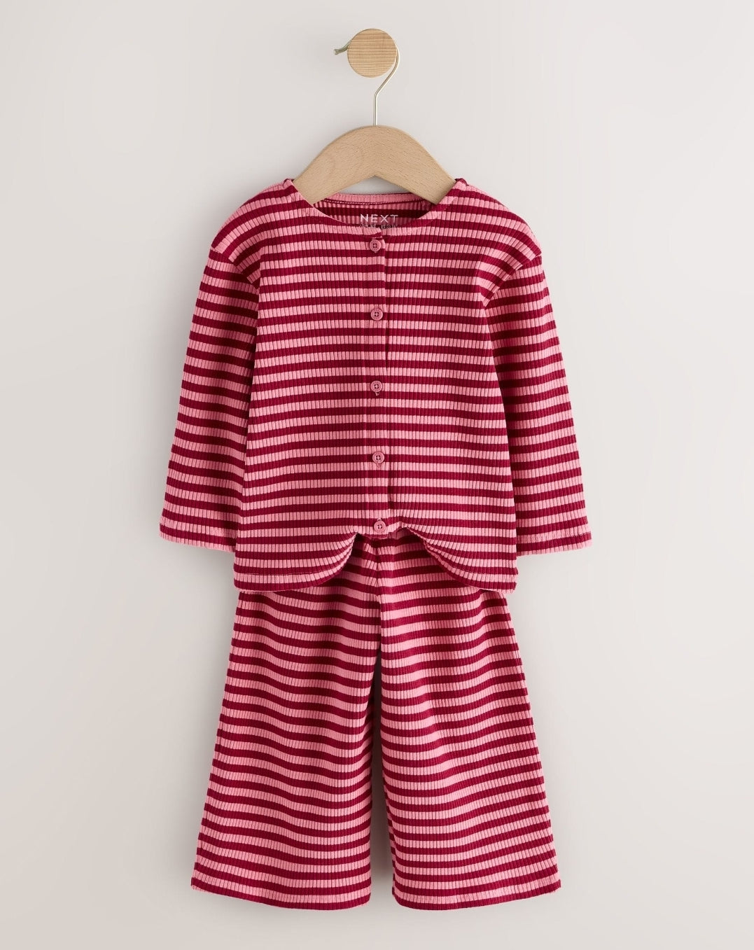 Pink Stripe Ribbed Cardigan and Wide Leg Trousers Set