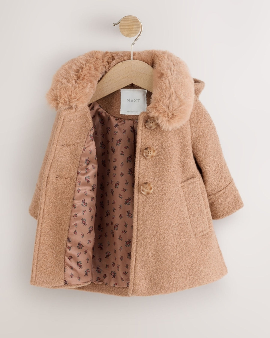 Camel Brown Faux Fur Collar Hooded Coat