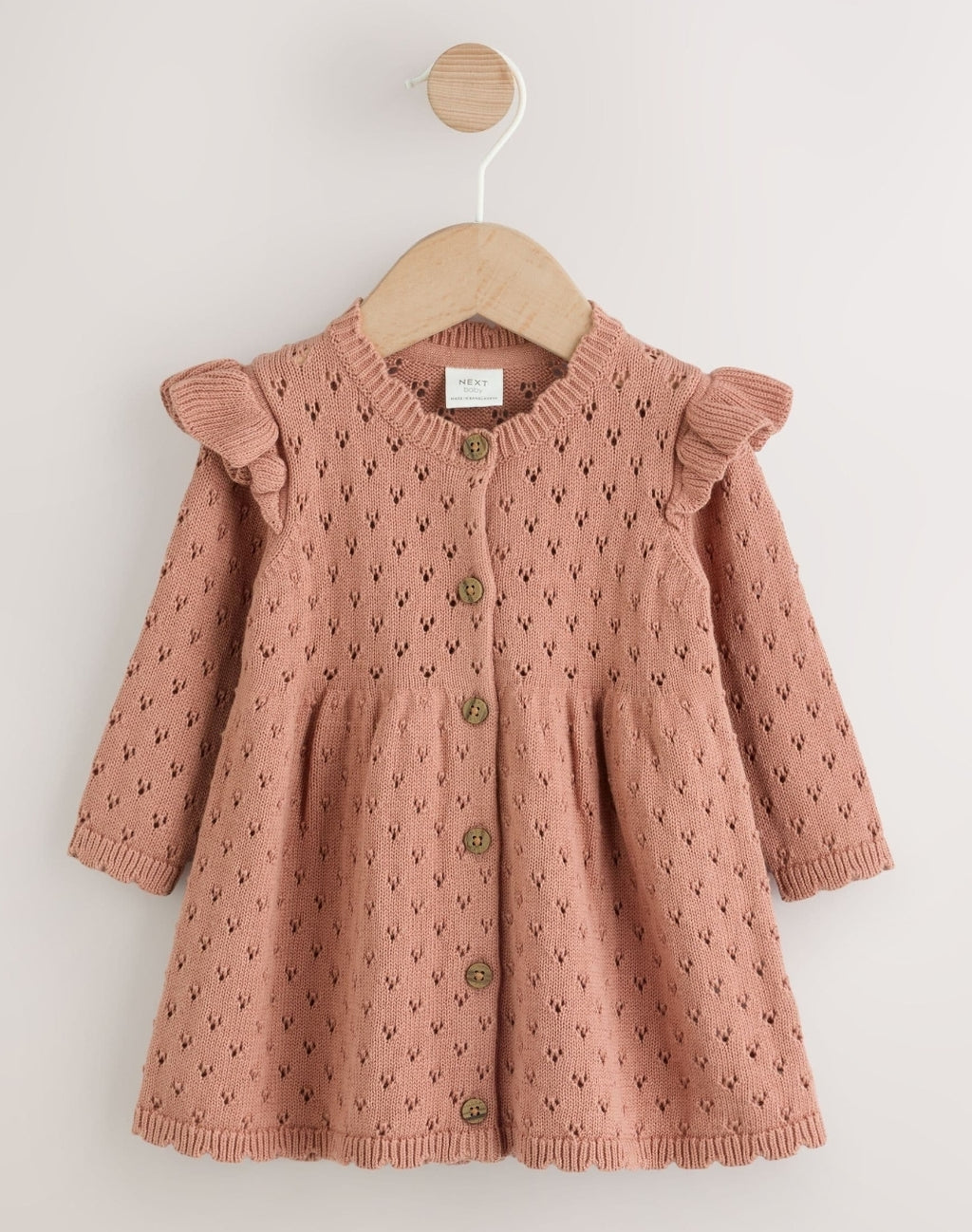 Rust Brown Pointelle Knitted Frill Shoulder Baby Dress
