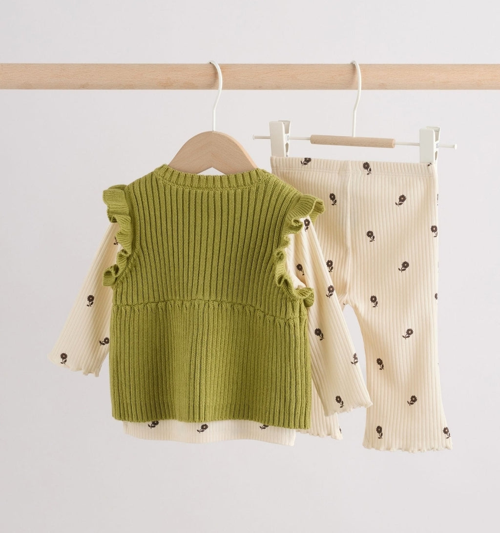 Ecru / Green Knitted Gilet and Printed Rib 3 Piece Baby Set