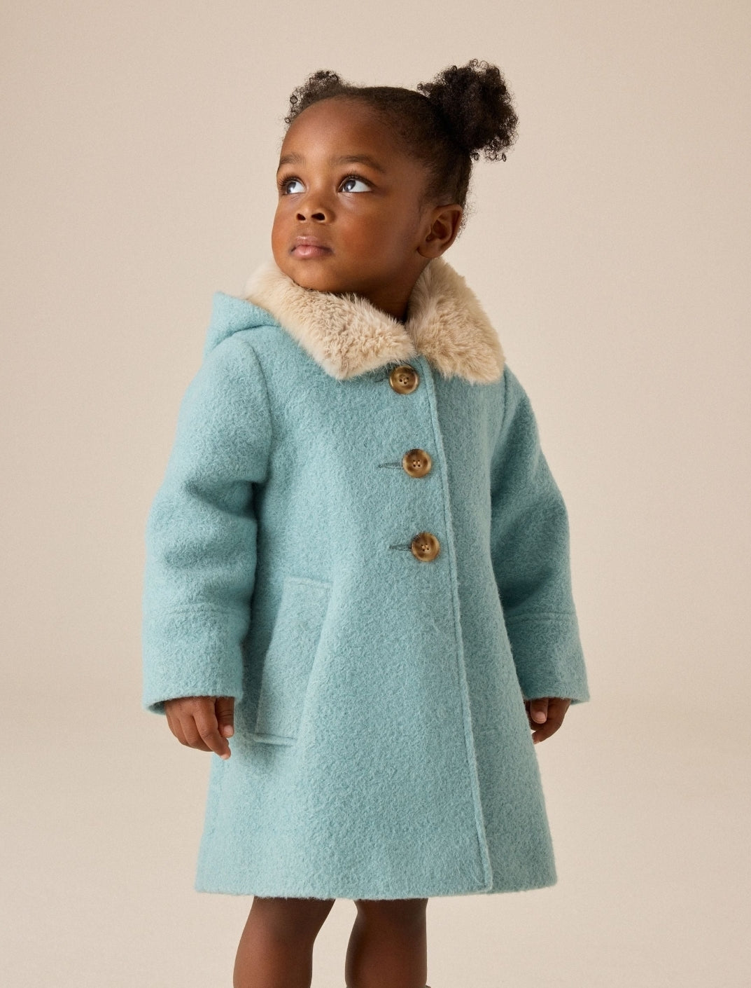 Blue Faux Fur Collar Hooded Coat