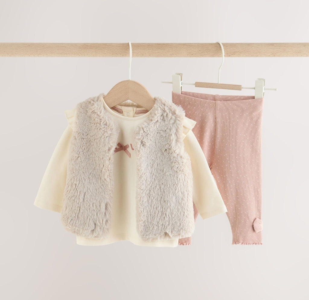 Pink/Cream Fur Baby Gilet Top and Leggings 3 Piece Set