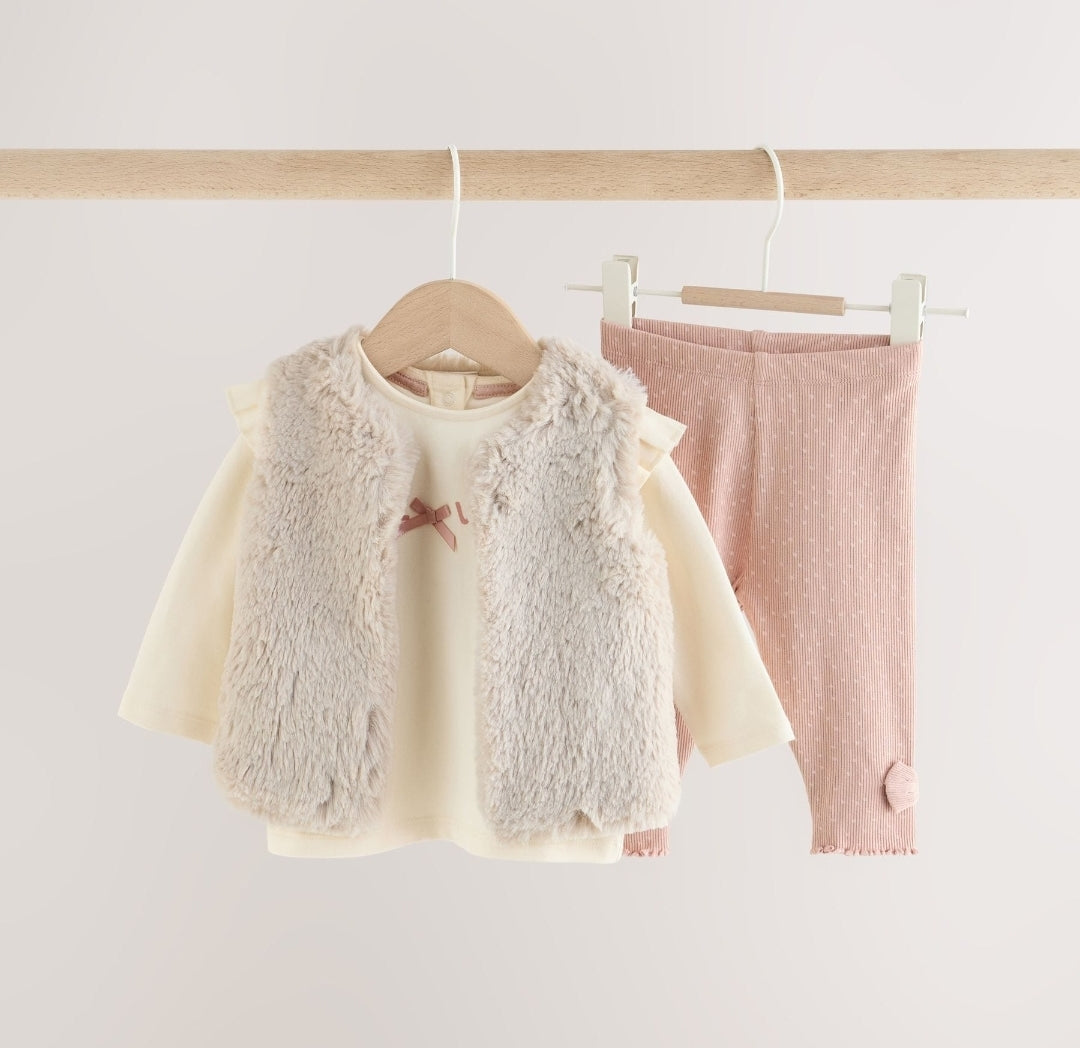 Pink/Cream Fur Baby Gilet Top and Leggings 3 Piece Set