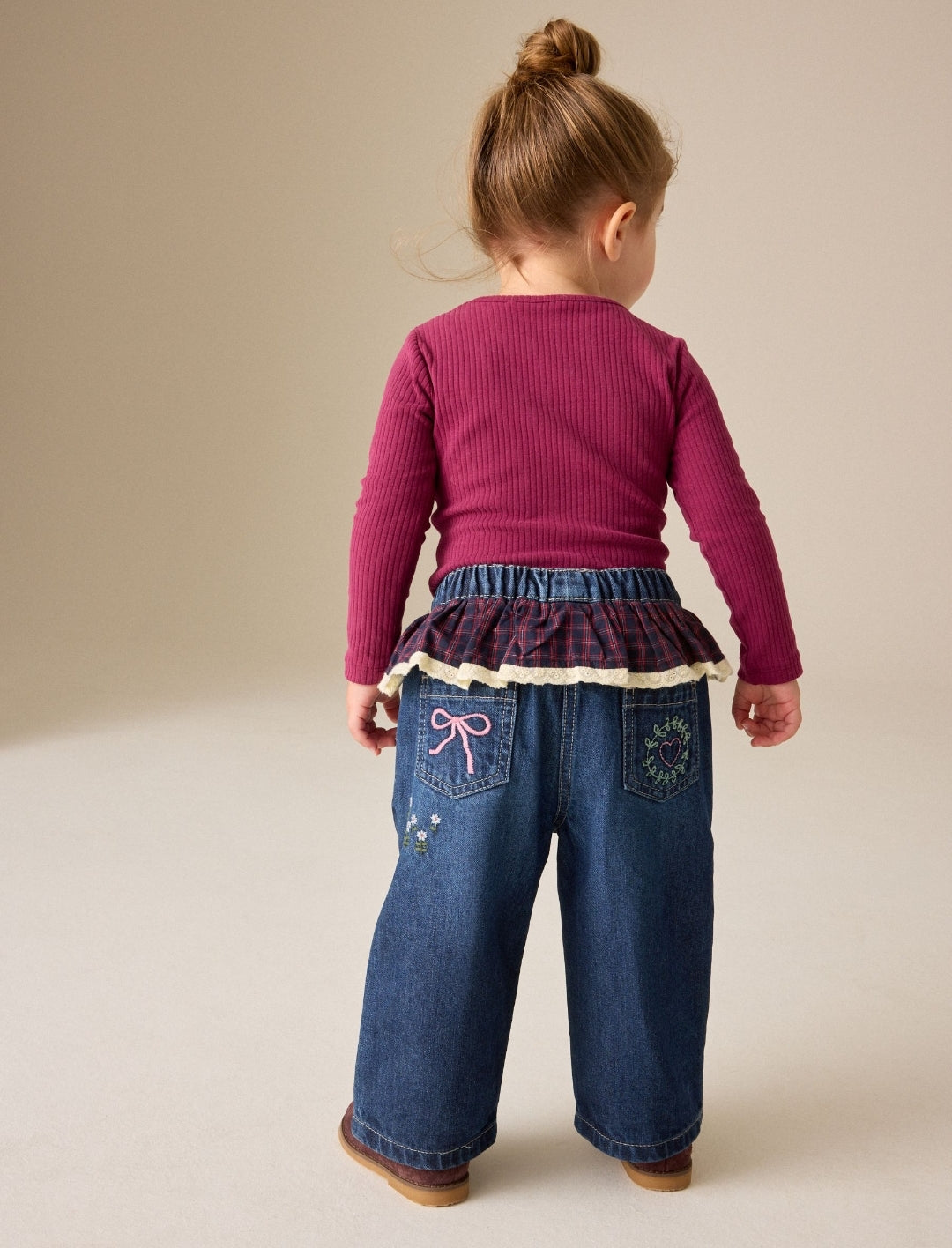 Embroidered Tartan Peplum Waist Jeans