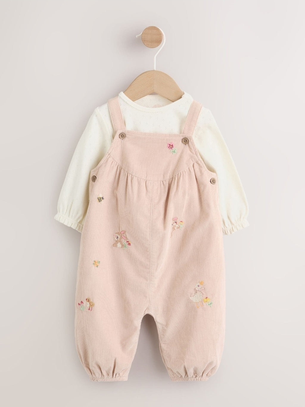 Ecru Bunny Baby Cord Dungarees And Long Sleeve Bodysuits 2 Piec