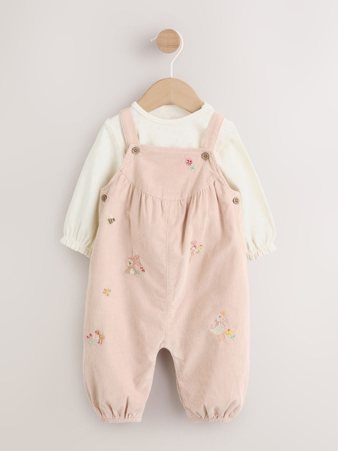 Ecru Bunny Baby Cord Dungarees And Long Sleeve Bodysuits 2 Piec