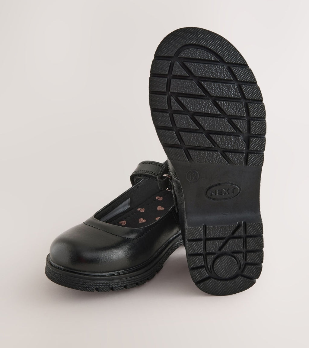 Matt Black Standard Fit (F) School Leather Chunky Mary Jane Shoes
