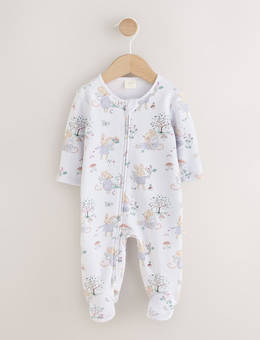 White/Lilac Fairy Mouse Fleece Lined Two Way Zip Baby Sleepsuit