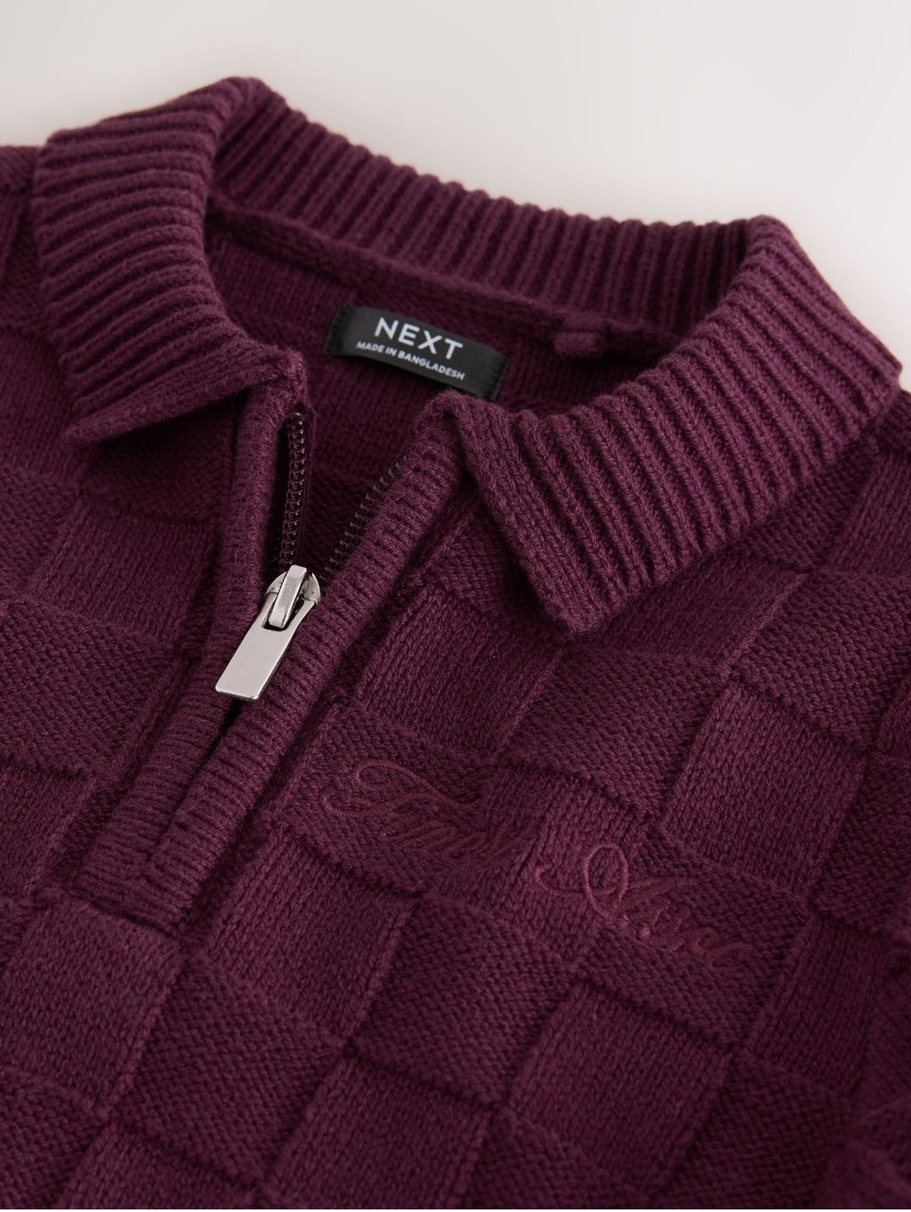 Plum Purple Textured Knitted Zip Neck Polo Shirt