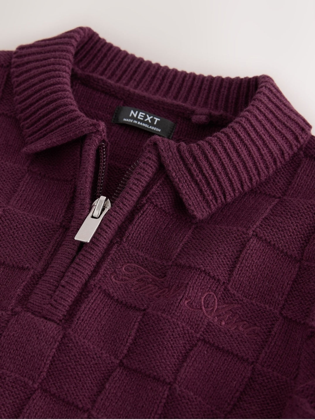 Plum Purple Textured Knitted Zip Neck Polo Shirt