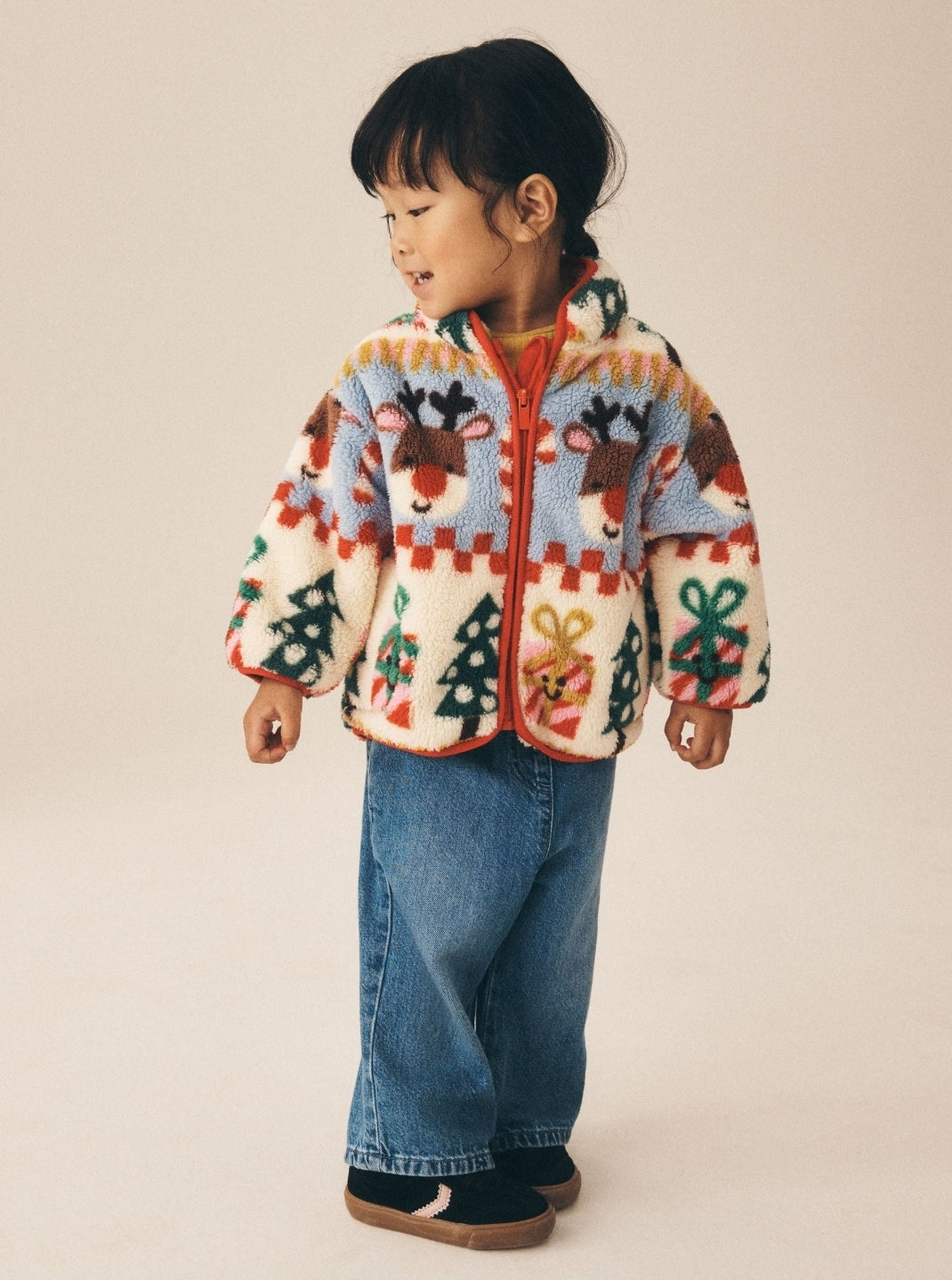 Cream Christmas Santa Zip UpFleece