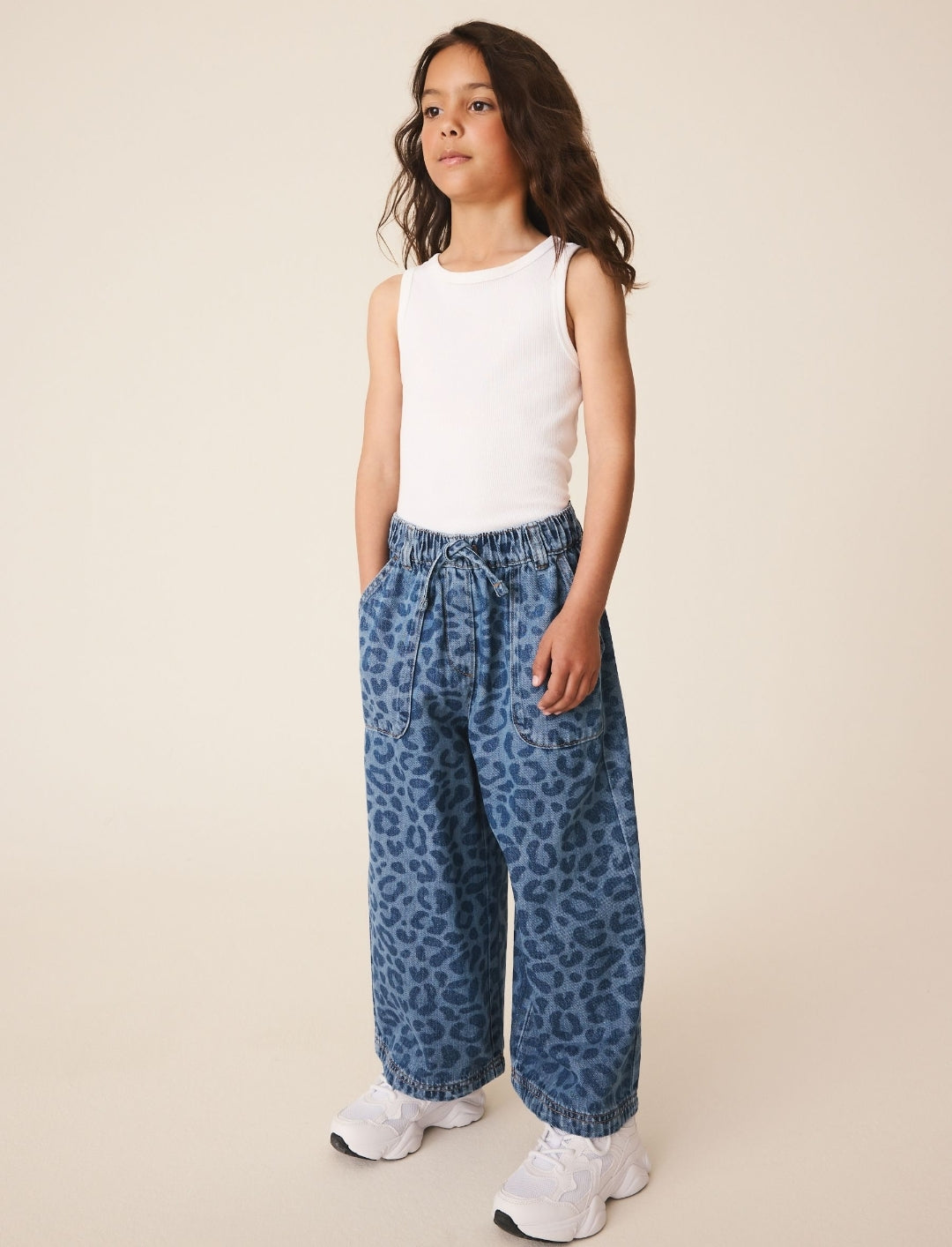 Leopard Print Denim Pull On Wide Leg Trousers