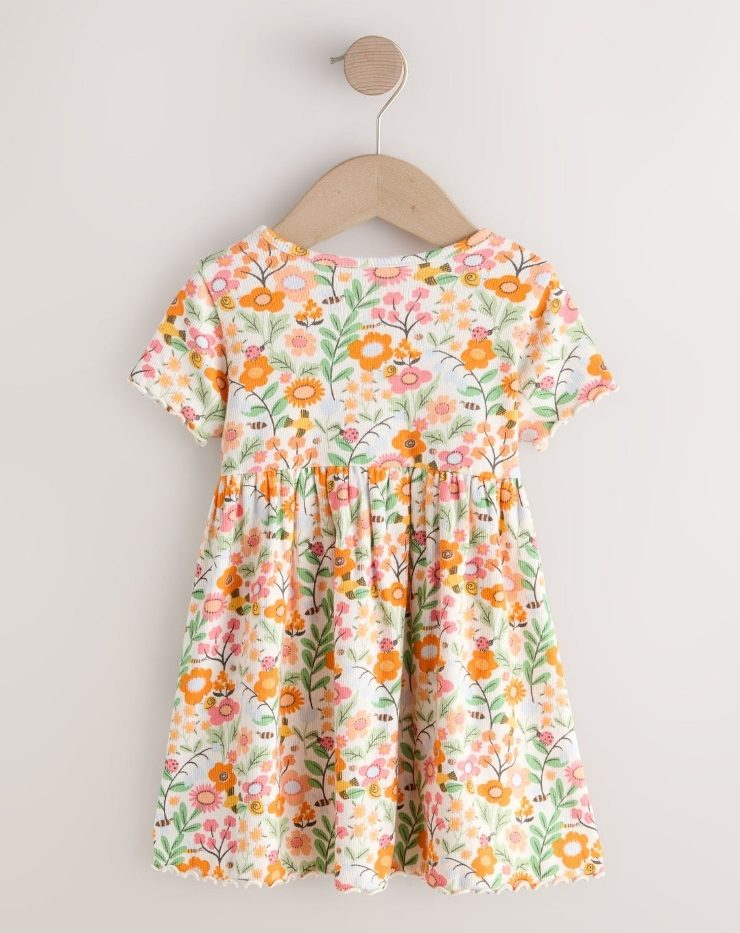 Orange Floral Short Sleeve Ribbed Dress