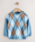 Blue Argyle Knitted Crew Neck Jumper
