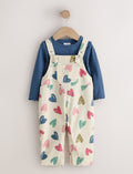 Ecru Heart Print Dungarees and T-Shirt Set