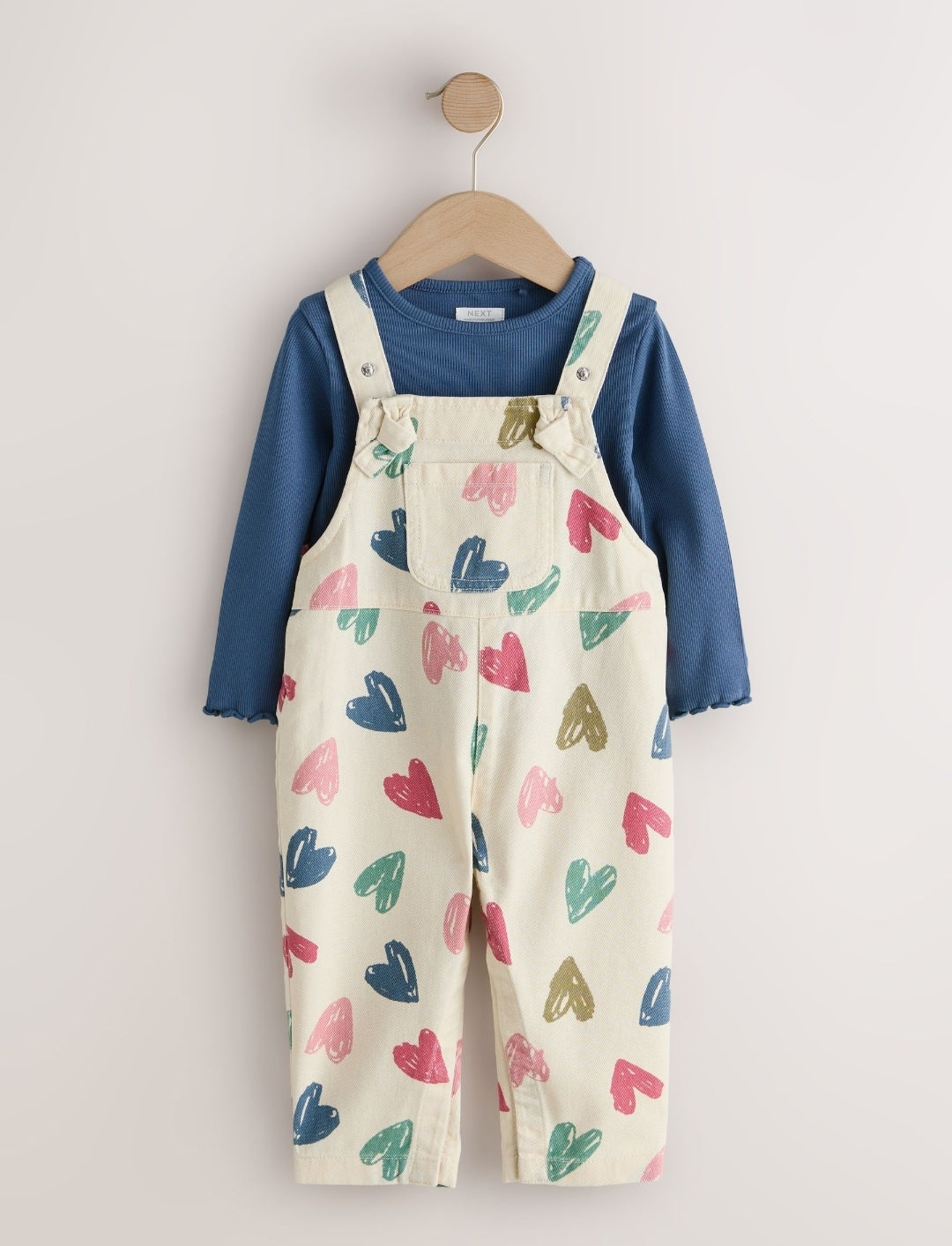 Ecru Heart Print Dungarees and T-Shirt Set