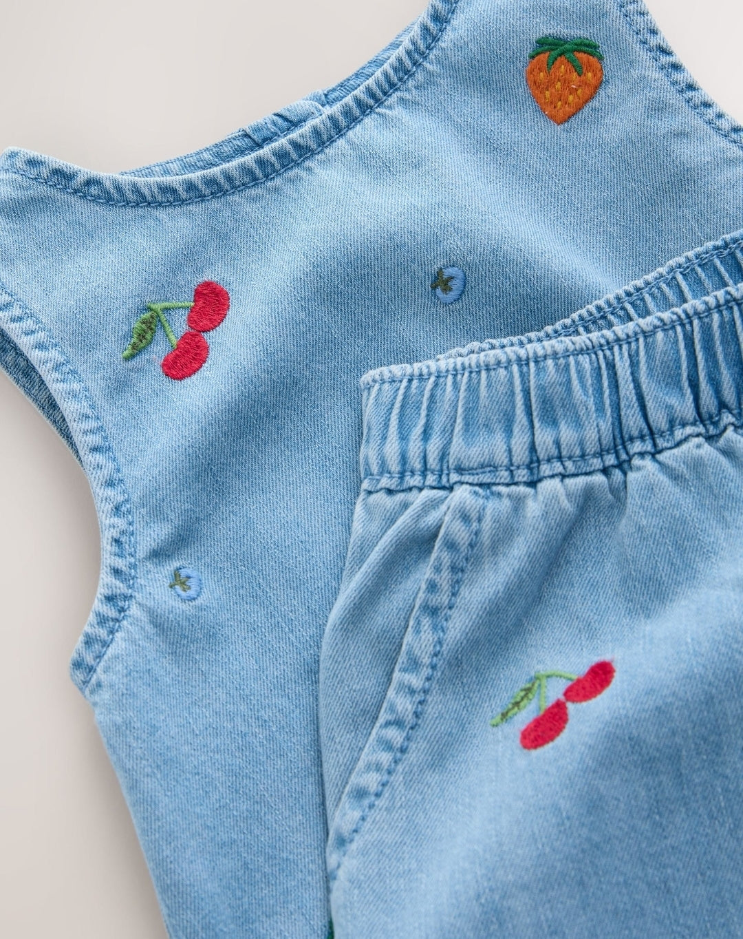Fruit Embroidered Denim Top & Trousers Set