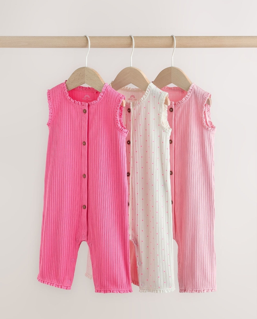 Pink Tonal Button Through Wide Leg Jersey Baby Rompers 3 Pack
