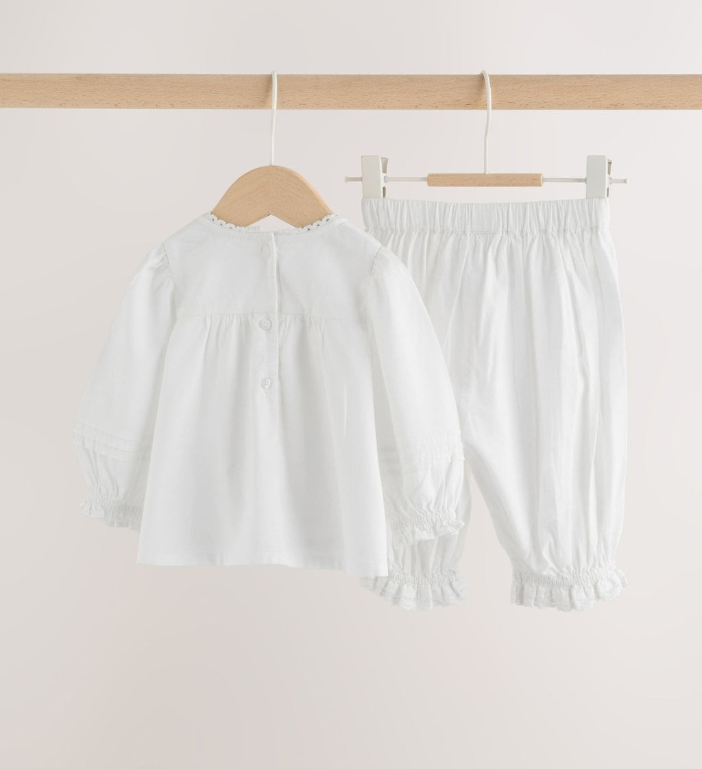 White Woven Lace Top and Trousers Baby 2 Piece Set