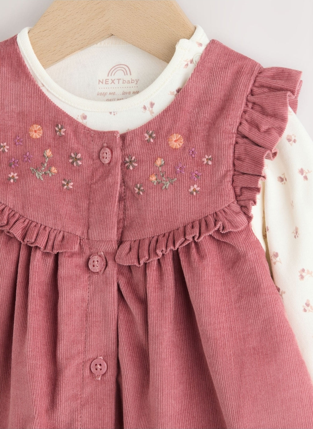 Pink Embroidered Baby Cord Pinafore Long Sleeve Bodysuit
