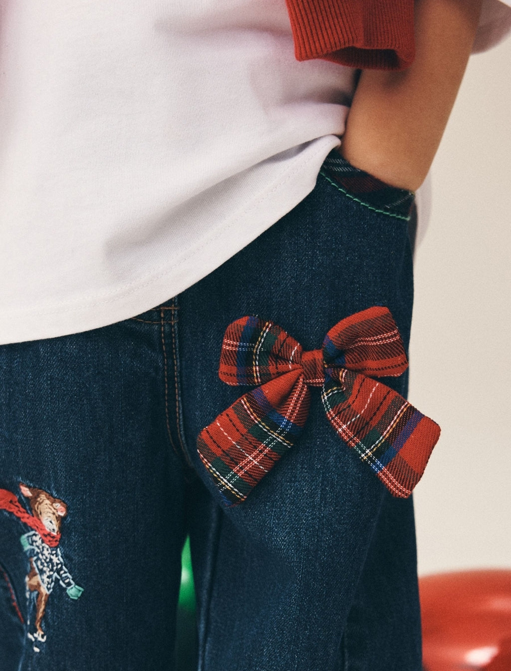 Christmas Tartan Embroidered Wide Leg Jeans