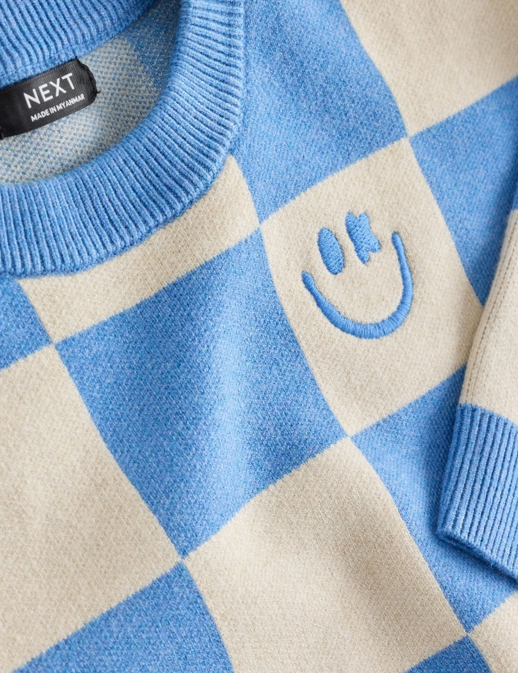 Blue Checkerboard Knitted Crew
Neck Jumper