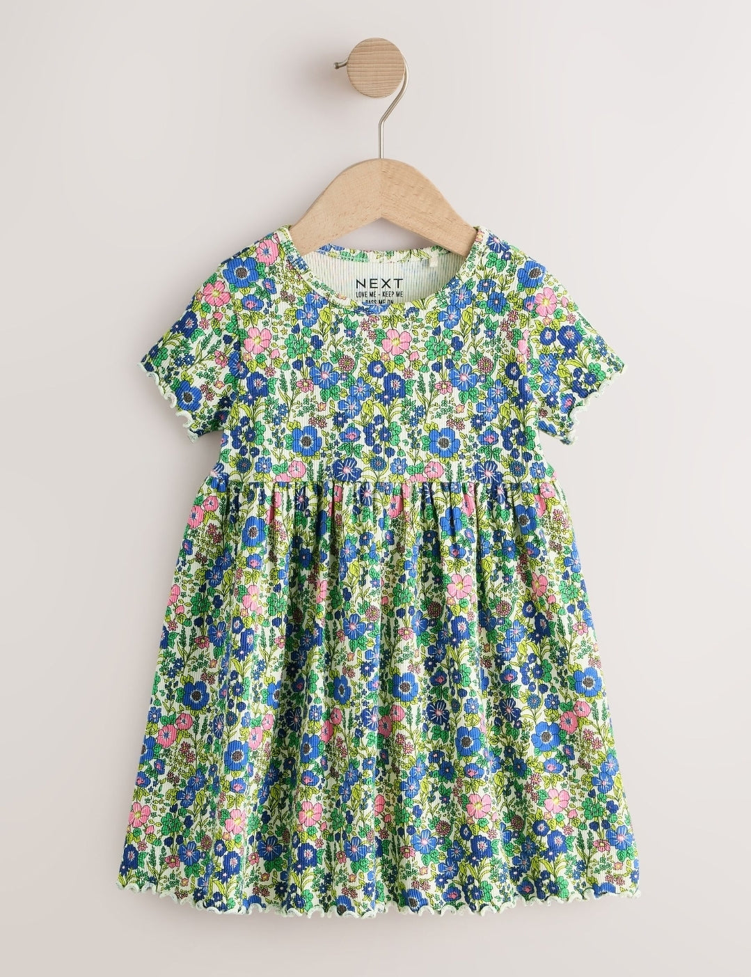 Blue Floral Short Sleeve Ribbed Dress