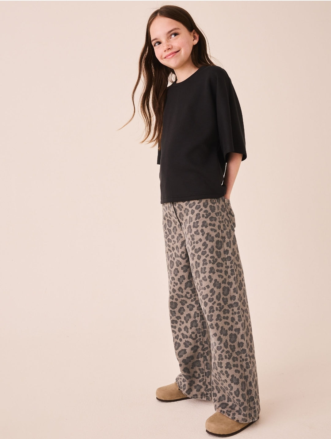 Grey Animal Print Wide Leg Jeans