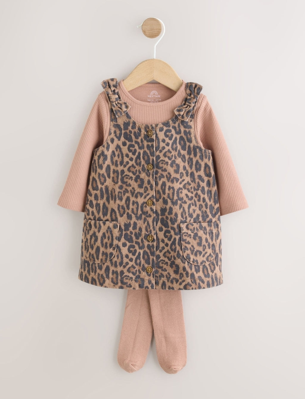 Leopard Print Pinafore Long Sleeve Bodysuit & Tights 3 Piece
