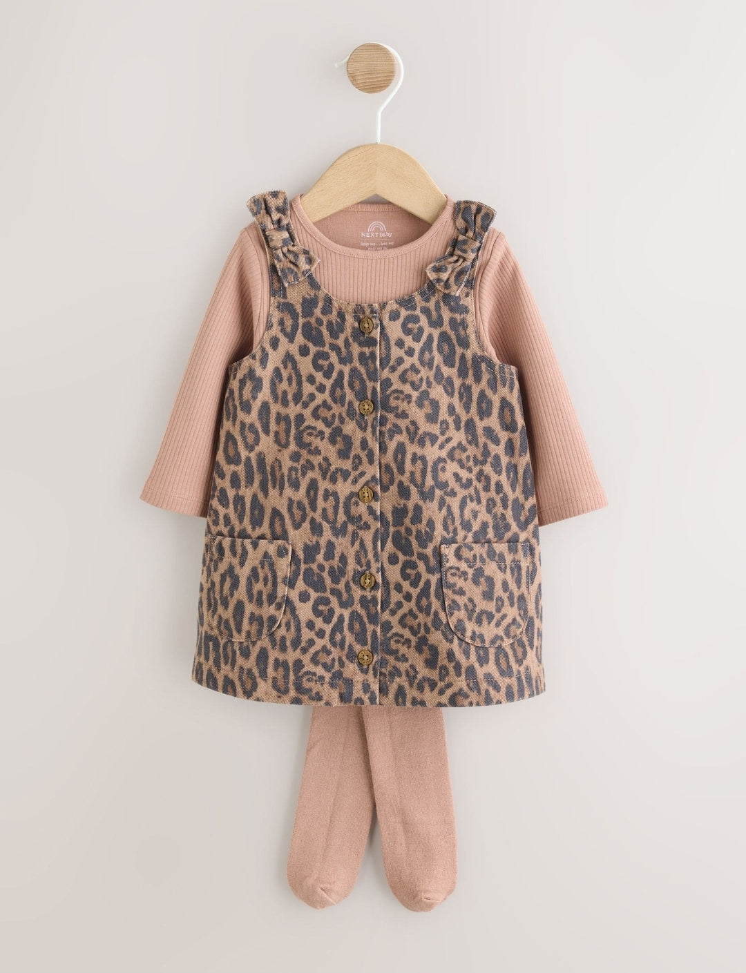 Leopard Print Pinafore Long Sleeve Bodysuit & Tights 3 Piece